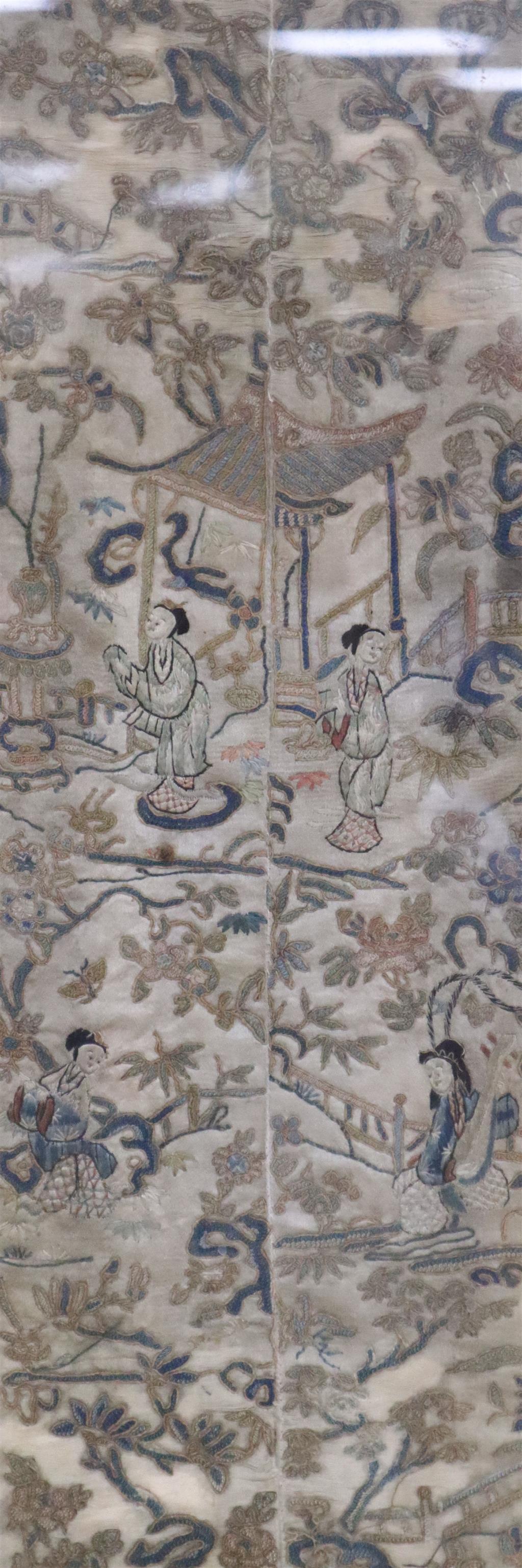 A Chinese embroidered sleeve, 15 x 47cm, framed
